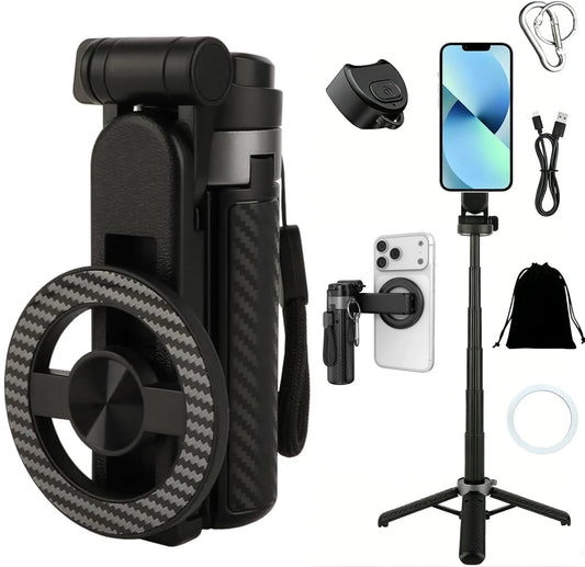 2026 4-In-1 Multifunctional Magnetic Mini Selfie Stick with 360° Rotation Compact Stylish Wireless Bluetooth Control Magnetic Phone Holder for Selfies Video Recording Vlogging Compatible with Most Phones - Stabilizer Camera,Maxinum Extend to 14.96 Inches