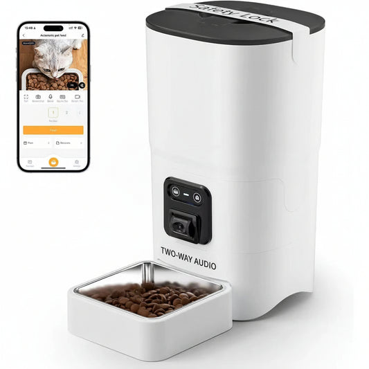 Automatic Cat Feeder 6L 2.4G Wifi Smart Pet Feeder with Camera & Two-Way Audio, Adjustable Angle, Easy to Clean Detachable Feedi