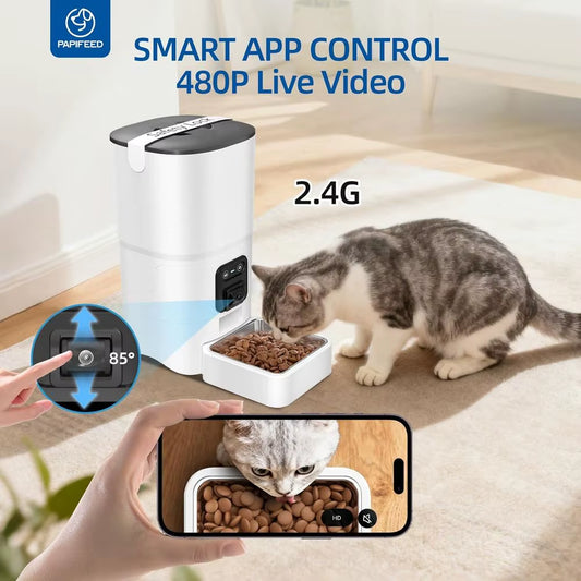 Automatic Cat Feeder 6L 2.4G Wifi Smart Pet Feeder with Camera & Two-Way Audio, Adjustable Angle, Easy to Clean Detachable Feedi