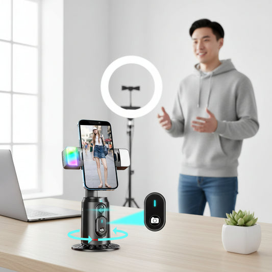 Auto Face Tracking Tripod,Ai Smarts 360° Rotating Auto Tracking Phone Stand, No App Required,Camera Stand with Remote and RGB Fill Lights,Rechargeable Shooting Stand for Live Video Recording Tiktok